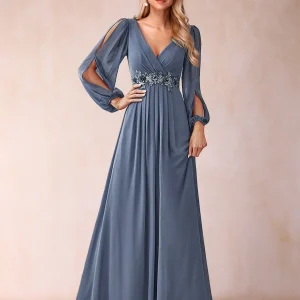 Robe de Mère de la Mariée Coupe A-Line/Princess à Col En V et Longueur Au Sol avec Volants