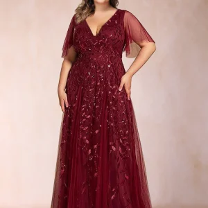 Robe de Mère de la Mariée Grande Taille, Coupe Trapèze/Princesse, Longueur au Sol, Manches Mi-Longues, Col en V