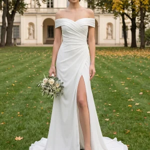 Robes de Mariée Trapèze/Princesse, Épaules Dénudées, Manches Courtes, Fendues Sur le Côté