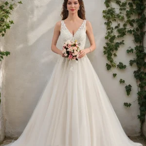 Robes de Mariée en Dentelle Sans Manches, Coupe A-Line/Princesse, Col en V