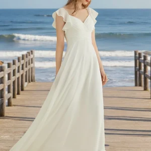 Robes de Mariée Trapèze/Princesse à Col en V et Manches Courtes à Volants