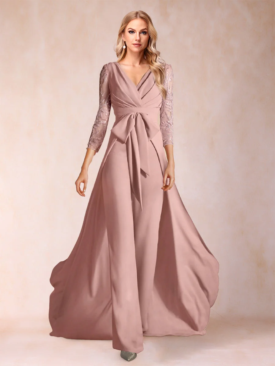 Tailleur-Pantalon en Mousseline de Soie, Col en V, Manches 3/4, Longueur au Sol, Froncé, Pour Mère de la Mariée avec Applications – Image 2