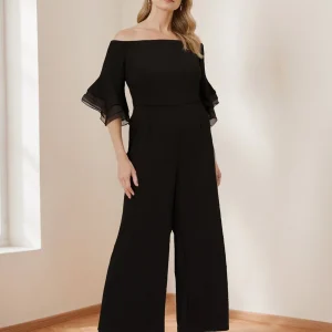 Combinaison de Pantalon pour Mère de la Mariée en Chiffon avec Épaules Dénudées, Manches 3/4 et Volants