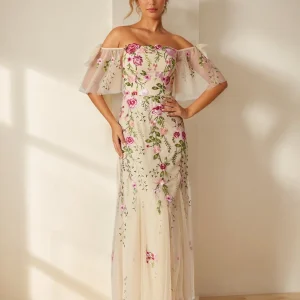 Robes de Bal Longues Style Trompette/Sirène Décolleté Bardot Manches Courtes avec Broderie et Nœud