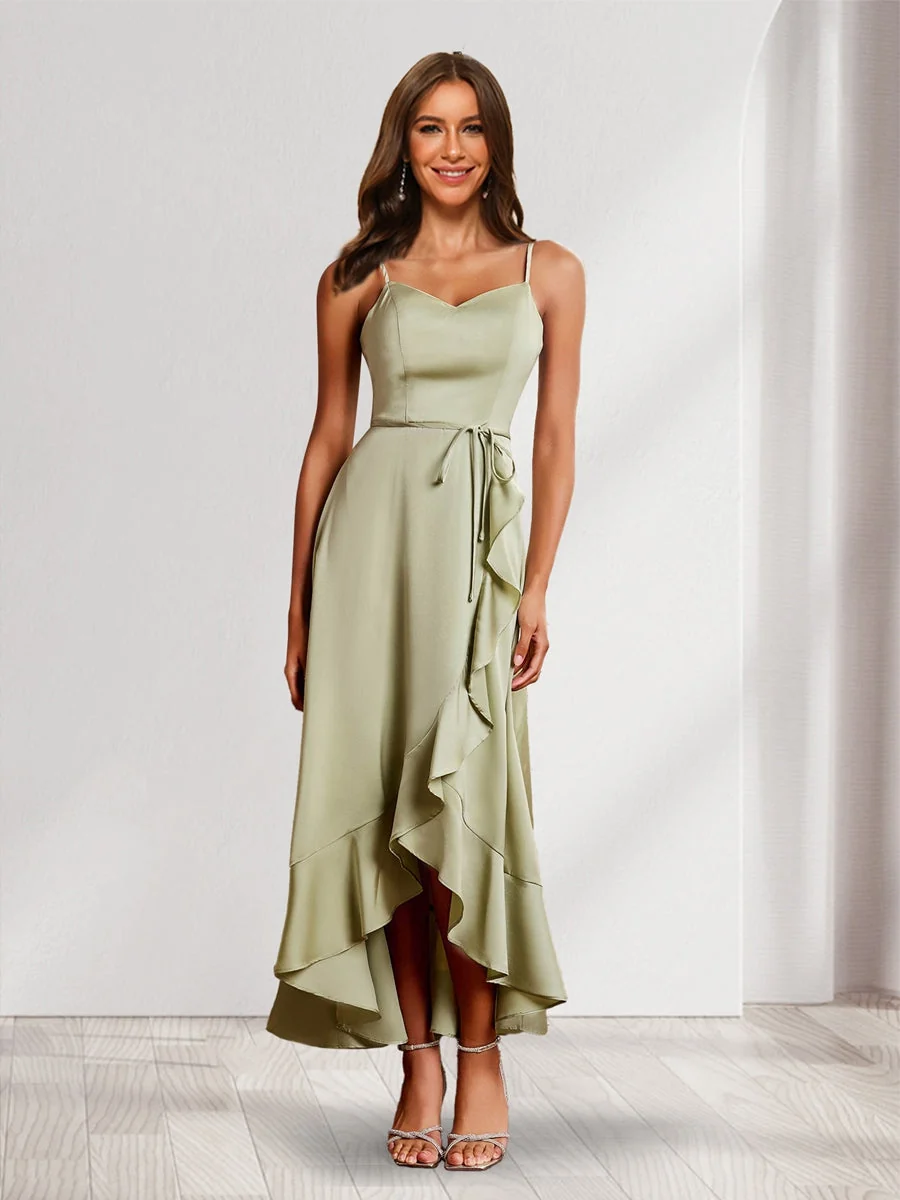 Robes D'Invité de Mariage Asymétriques à Col en V et Bretelles, Style Trapèze/Princesse avec Volants – Image 2