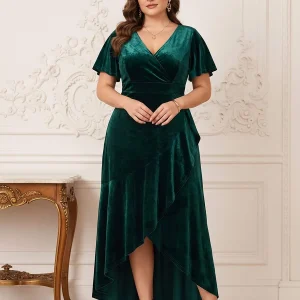 Robe Mère de la Mariée Grande Taille Ligne A/Princesse Col en V Manches Courtes Fendue sur le côté