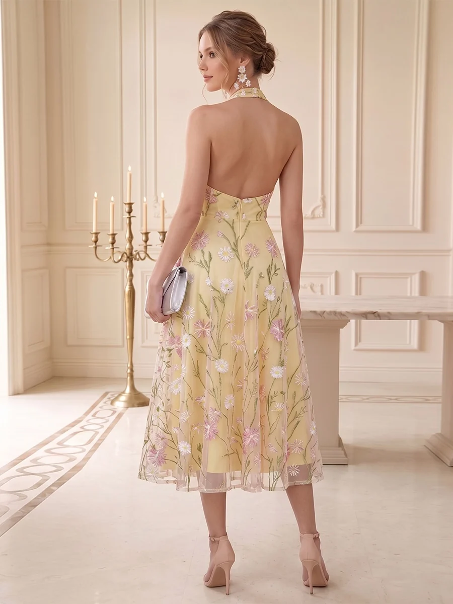 Robe d'Invité de Mariage Ligne A/Princesse à Col Licou, Longueur Thé, avec Appliques & Dentelle – Image 3