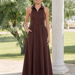 Robe d'Invitée de Mariage Ligne A/Princesse Col Halter Sans Manches Longueur Cheville avec Ceinture
