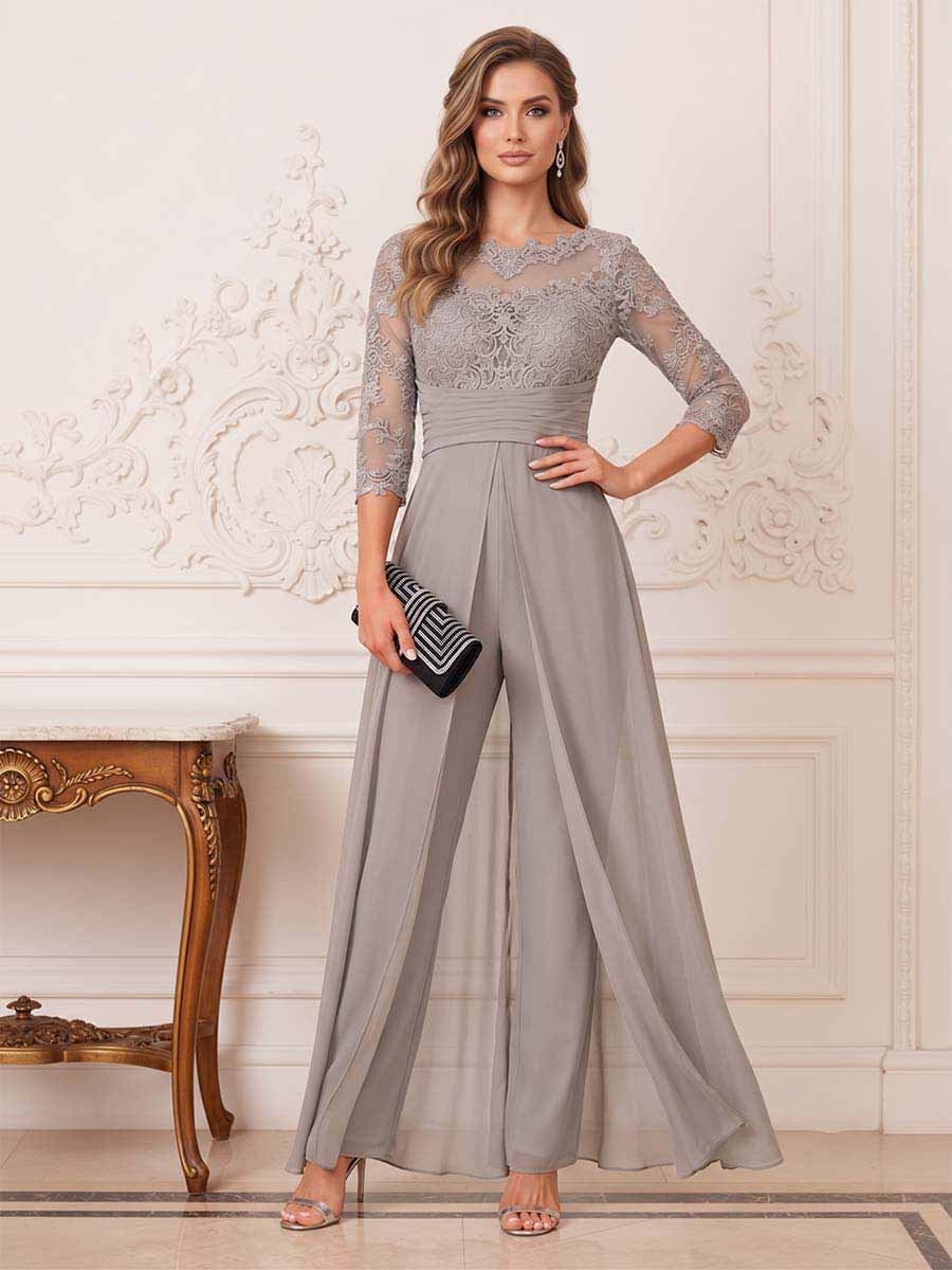 Combinaison Pantalon de Mariage Col Rond à Manches 3/4 Longueur Sol avec Appliques et Dentelle – Image 2