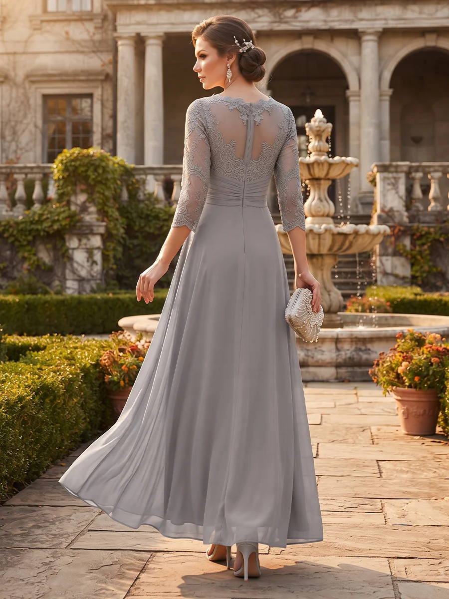 Combinaison Pantalon de Mariage Col Rond à Manches 3/4 Longueur Sol avec Appliques et Dentelle – Image 3