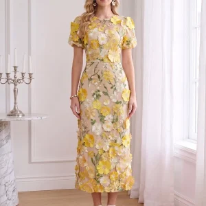 Robe d'Invité de Mariage Fourreau Col Rond à Manches Courtes Longueur Cheville avec Broderie et Fleurs 3D