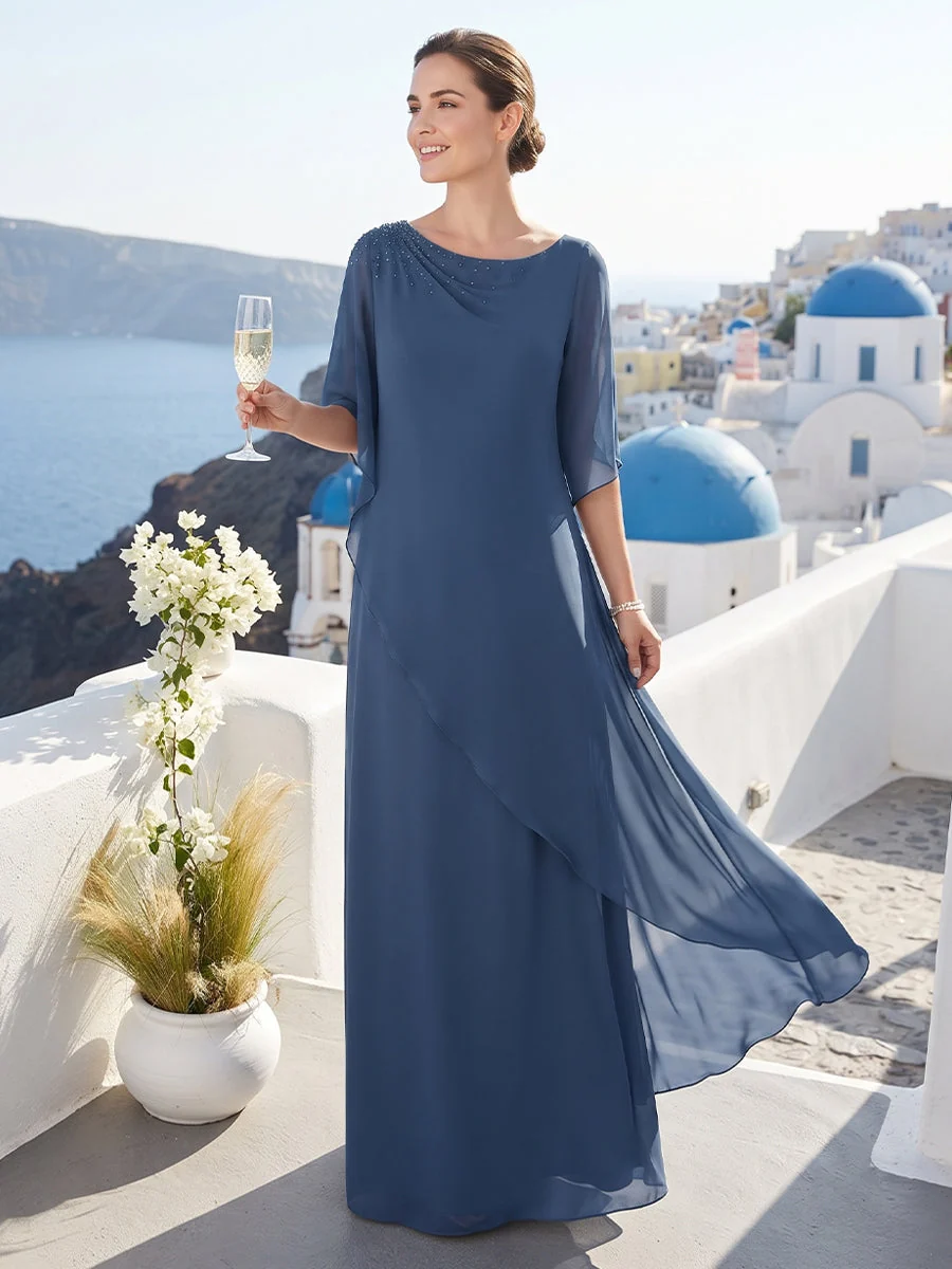 Robe Mère de la Mariée Ligne A/Princesse Col Rond à Manches 3/4 Longueur Sol avec Perles, Plis et Cape – Image 2