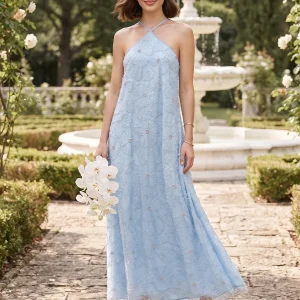 Robe de demoiselle d'honneur coupe trapèze/princesse, dos nu/tour de cou, sans manches, longueur cheville, avec fleurs en 3D et perles