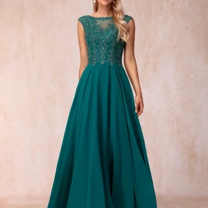 Forme Princesse Col Transparent Sans Manches Longue Robes de Soirée Formel avec Billes et Appliques
