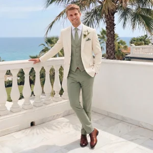 Costume de Mariage 3 Pièces pour Homme, Coupe Ajustée, Veste Droite à 2 Boutons, Couleur Unie