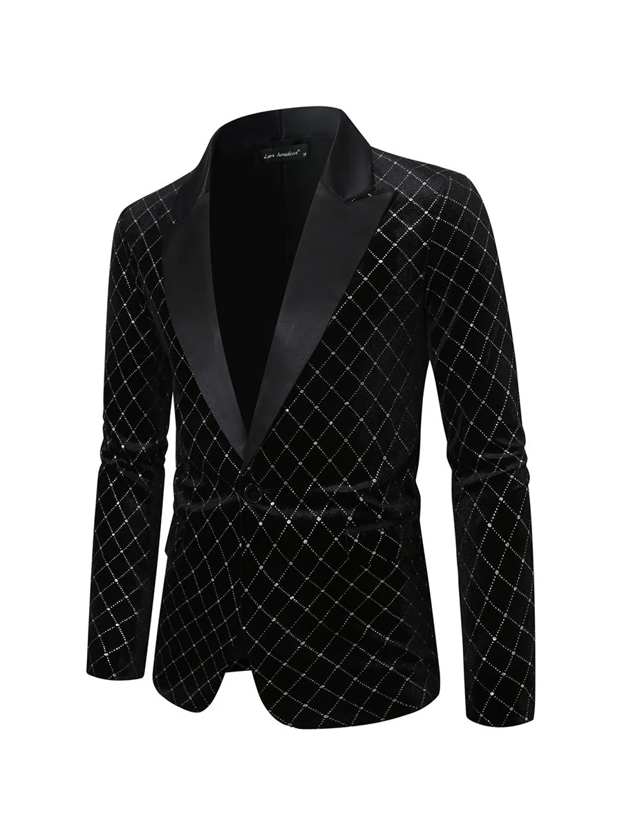 Veste de Fête pour Homme à Coupe Ajustée, Revers en Pointe, Un Bouton, Motif Diamant, Simple Poitrine