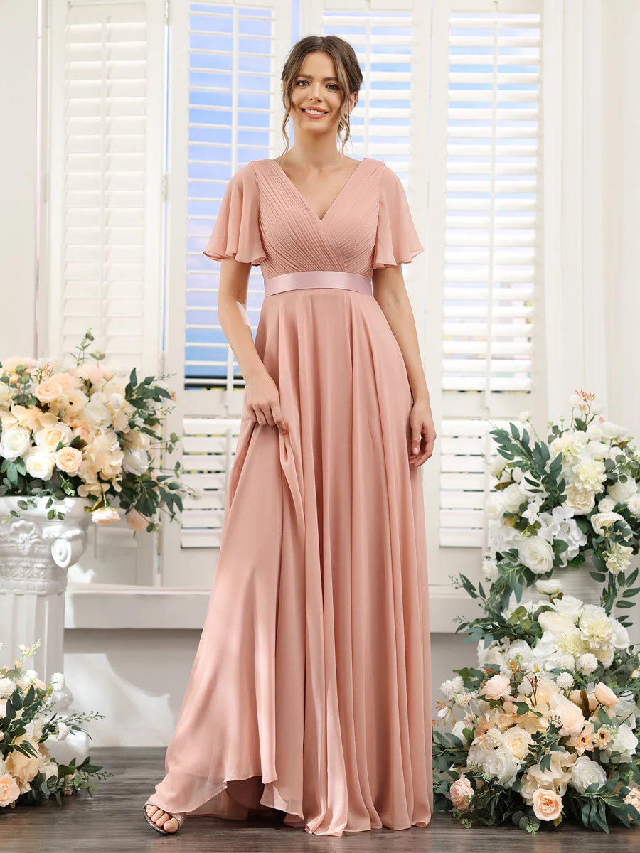 Robes de demoiselle d'honneur trapèze, col en V, manches courtes, en mousseline, avec poches – Image 5