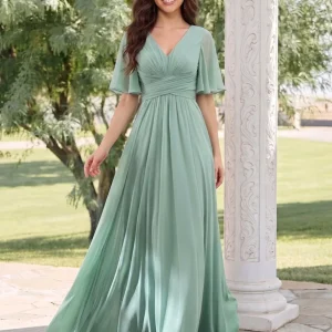 Robe d'invitée de mariage trapèze en mousseline, col en V, demi-manches, fente latérale avec poches