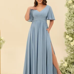 Robe de Demoiselle d'Honneur En Mousseline de Soie Grande Taille à Col En V et Manches Mi-Longues avec Fente Sur Le Côté