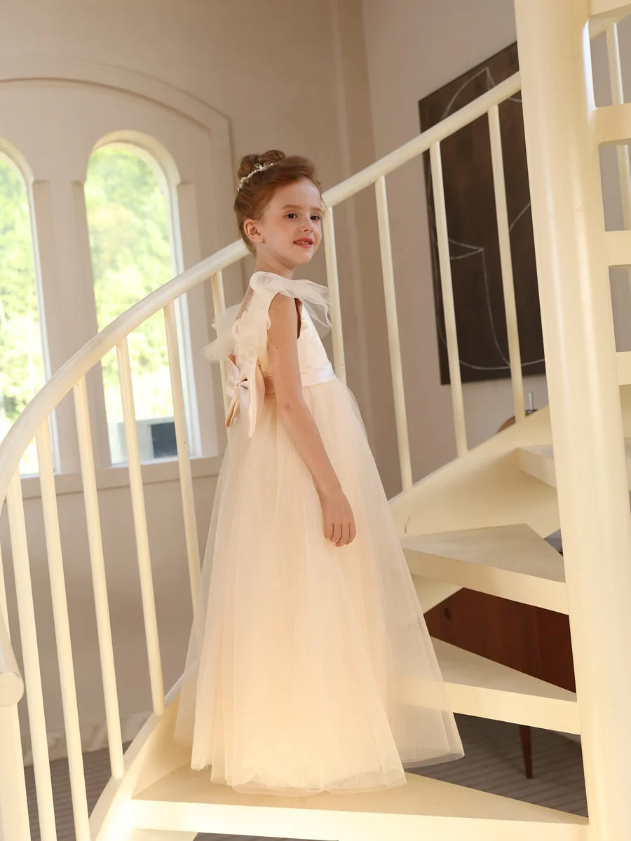 Robe Princesse Col Rond Manches Volantes pour Petite Fille d'Honneur avec Ceinture – Image 6