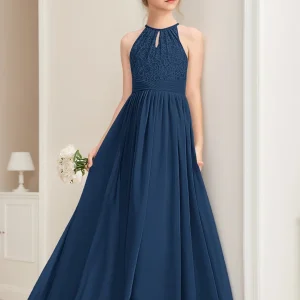 Robes de Demoiselled'Honneur Junior en Dentelle, Coupe A-Line/Princesse, Col Licou, Sans Manches