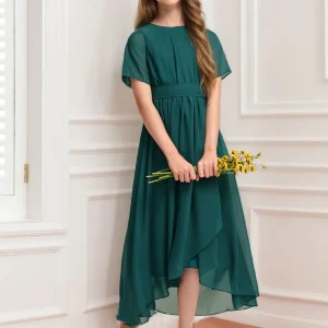 Robes de Demoiselled'Honneur Junior à Manches Courtes et Col en V, Coupe Princesse, Froncée