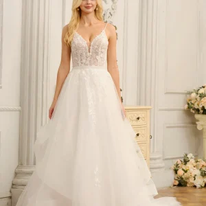Robes de mariée longues sans manches, bretelles spaghetti, col en V, avec appliques et perles