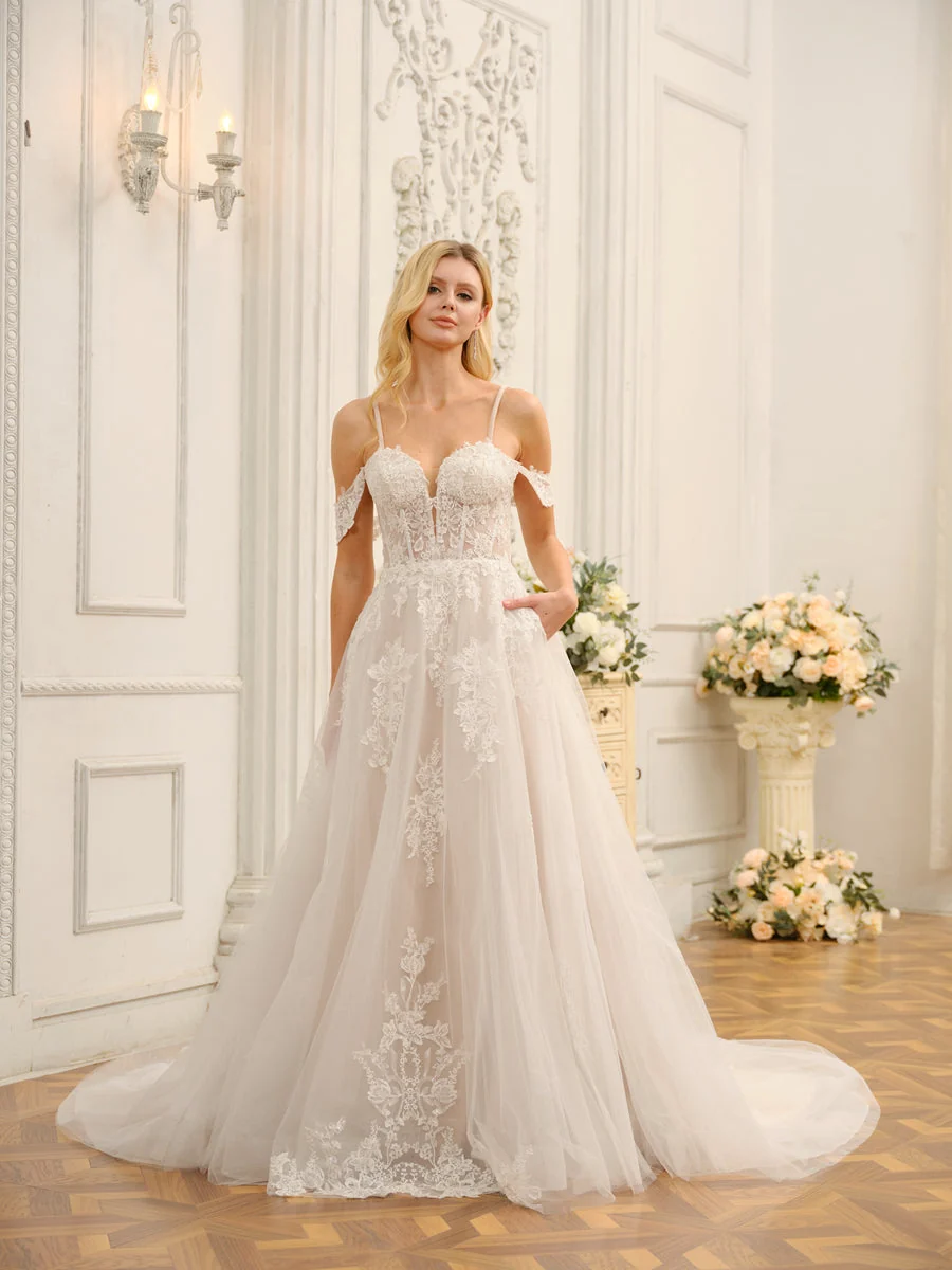 Robes de mariée longues en tulle, épaules dénudées, sans manches, avec appliques – Image 5
