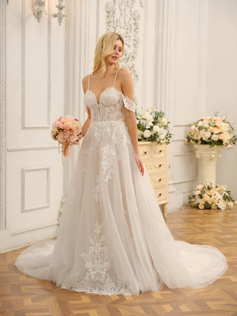 Robes de mariée longues en tulle, épaules dénudées, sans manches, avec appliques – Image 6