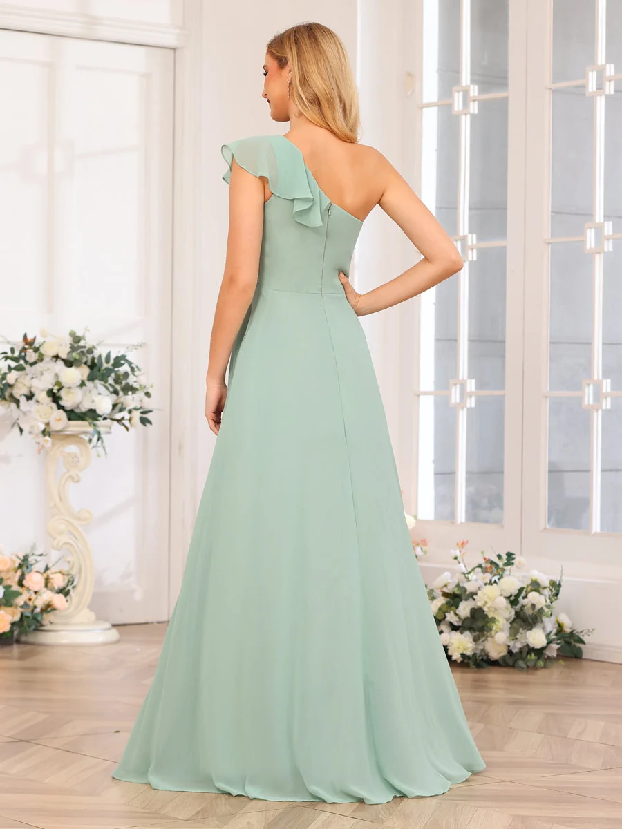 Forme Princesse Une épaule Longue Robes de soirée de mariage avec Côté fendu – Image 3