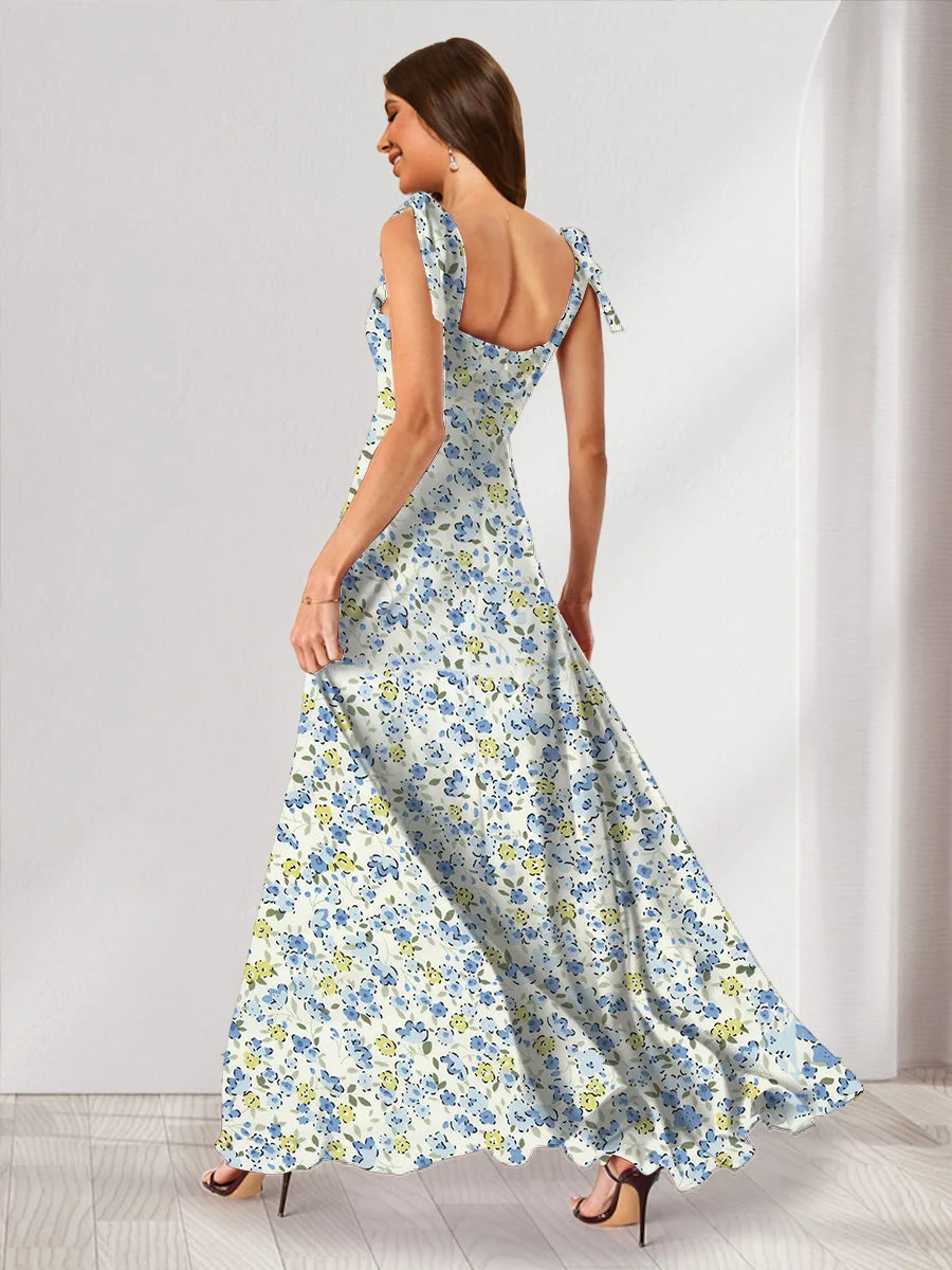 Robe de Demoiselled'Honneur Trapèze/Princesse, Col Carré, Sans Manches, Fendue Sur le Côté, Motif Floral – Image 3