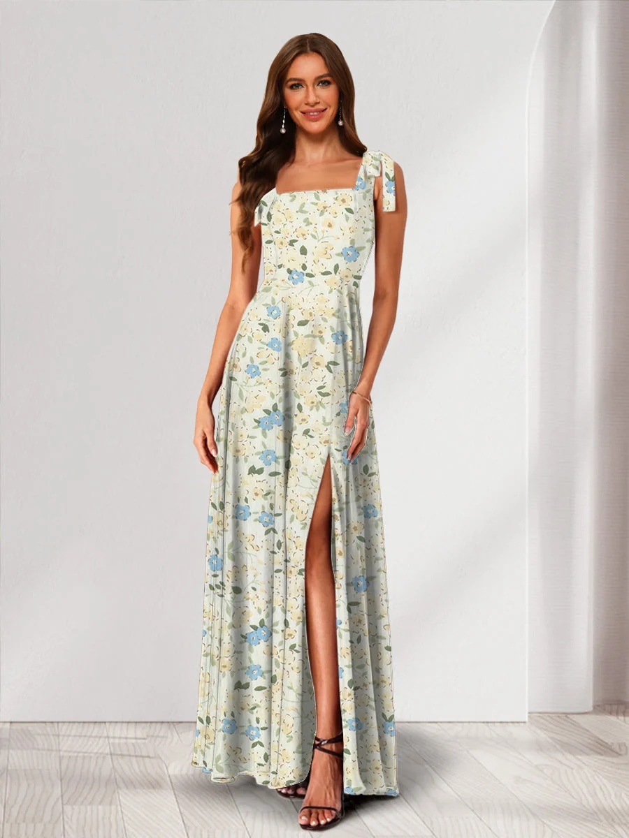 Robe de Demoiselled'Honneur Trapèze/Princesse, Col Carré, Sans Manches, Fendue Sur le Côté, Motif Floral – Image 4