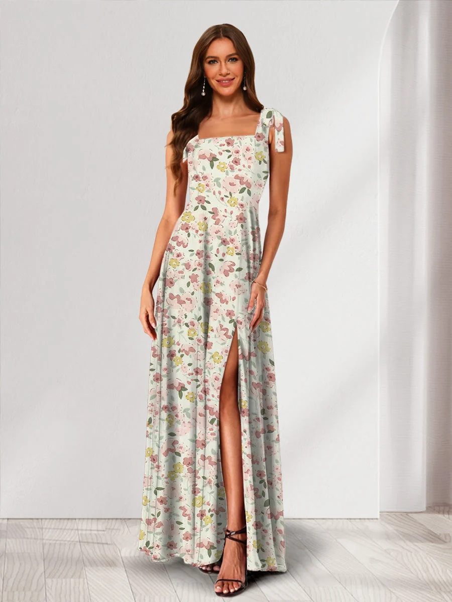 Robe de Demoiselled'Honneur Trapèze/Princesse, Col Carré, Sans Manches, Fendue Sur le Côté, Motif Floral – Image 5