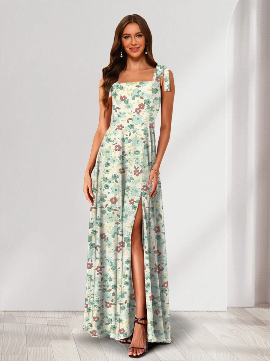 Robe de Demoiselled'Honneur Trapèze/Princesse, Col Carré, Sans Manches, Fendue Sur le Côté, Motif Floral – Image 6