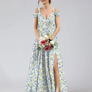 Robe de Demoiselled'Honneur Trapèze/Princesse, Épaules Dénudées, Manches Courtes, Fendue Sur le Côté, Motif Floral.