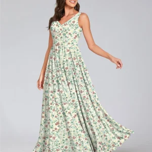 Robes de Demoiselled'Honneur à Fleurs Froncées, Coupe A-Line/Princesse, Col en V, Sans Manches