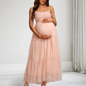 Robes de Maternité en Tulle à Bretelles Spaghetti Ligne A/Princesse sans Manches avec Sequins