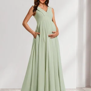 Robes de Maternité en Chiffon Plissé Col en V Ligne A/Princesse avec Fente Latérale