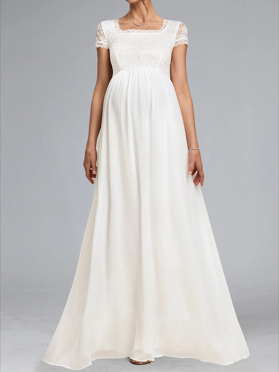Robes de Maternité Longues à Col Carré, Manches Courtes, Style Princesse/Ligne A, avec Appliques – Image 5