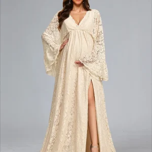 Robe de Mariée de Maternité en Dentelle Ligne A/Princesse, Col en V & Manches Longues, Traîne Balai & Fente Latérale