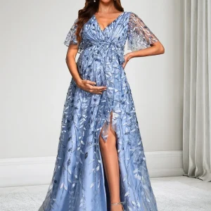 Robe d'Invitée de Mariage de Maternité en Dentelle Ligne A/Princesse Col en V Manches Courtes Longueur Sol Fendue & Paillettes