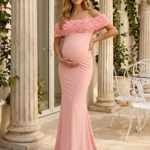 Robe d'Invitée de Mariage de Maternité Gaine/Colonne Hors de l'épaule Sans Manches Longueur Sol avec Fleurs 3D