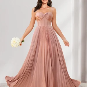 Robes de demoiselle d'honneur coupe trapèze/princesse, fines bretelles, longueur au sol, avec plis