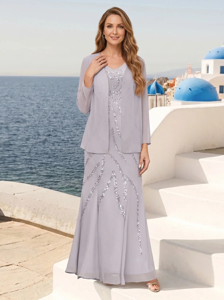 Robe de Soirée Fourreau/Colonne à Col En V et Longueur Cheville avec Veste et Paillettes
