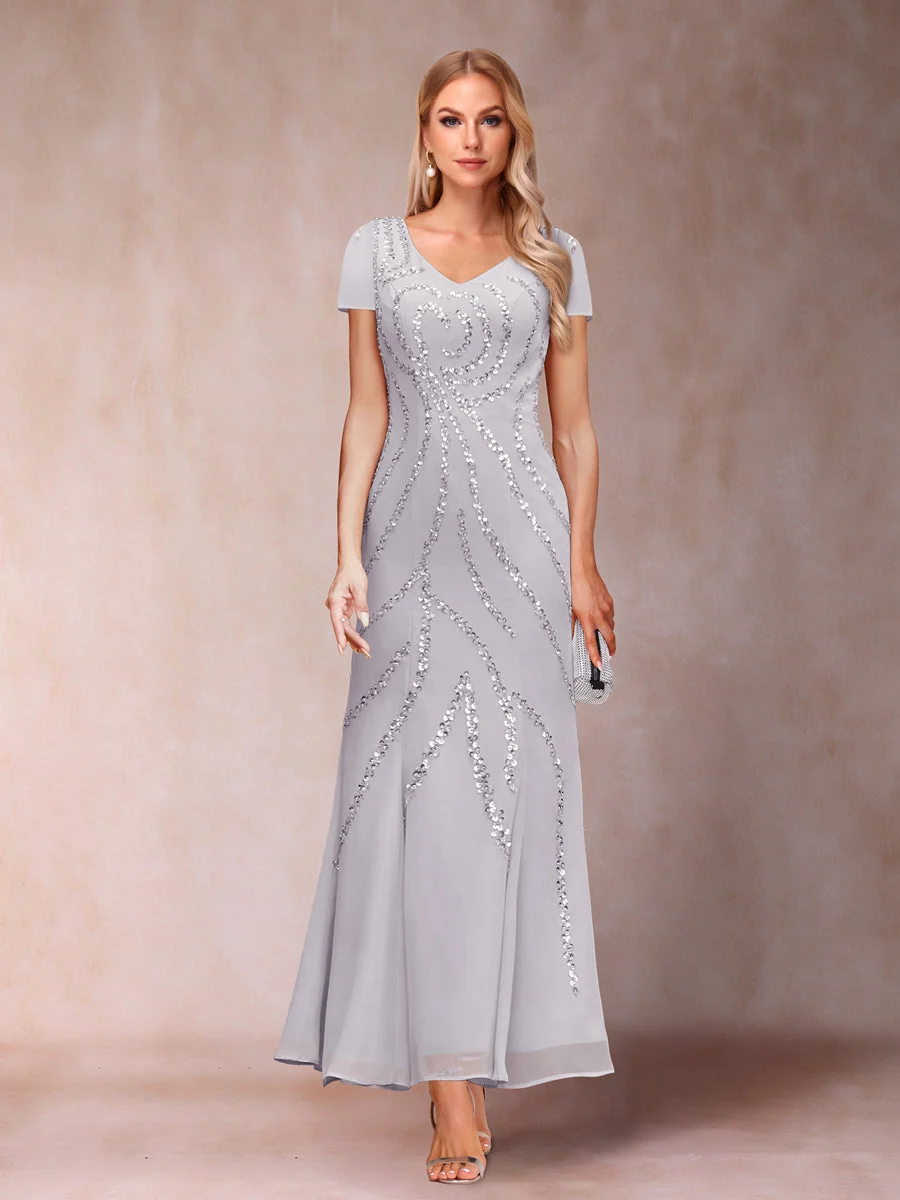 Robe de Soirée Fourreau/Colonne à Col En V et Longueur Cheville avec Veste et Paillettes – Image 4
