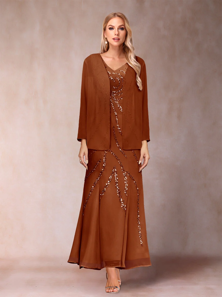 Robe de Soirée Fourreau/Colonne à Col En V et Longueur Cheville avec Veste et Paillettes – Image 8