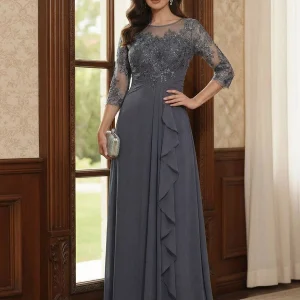 Robe Mère de la Mariée Ligne A/Princesse en Mousseline, Col Dégagé & Manches 3/4, Appliques & Volants