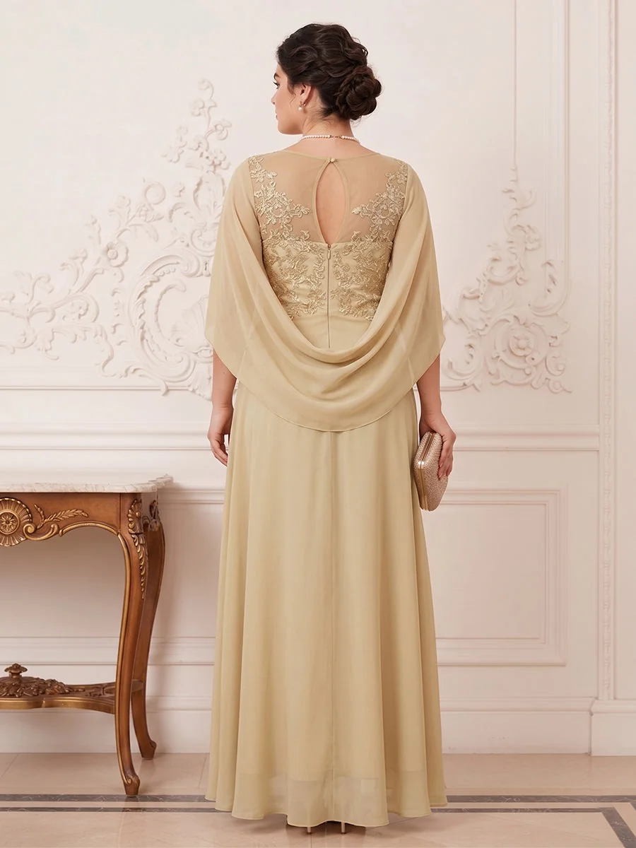 Robe Mère de la Mariée Grande Taille A-Ligne Asymétrique Col Rond avec Cape et Appliques – Image 3