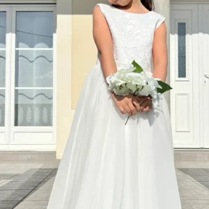 Ava - Robe blanche de cérémonie fluide avec dentelle