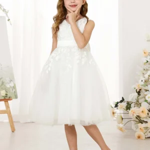 Robe Princesse en Dentelle sans Manches Col en V Longueur Au Genou pour Petite Fille d'Honneur